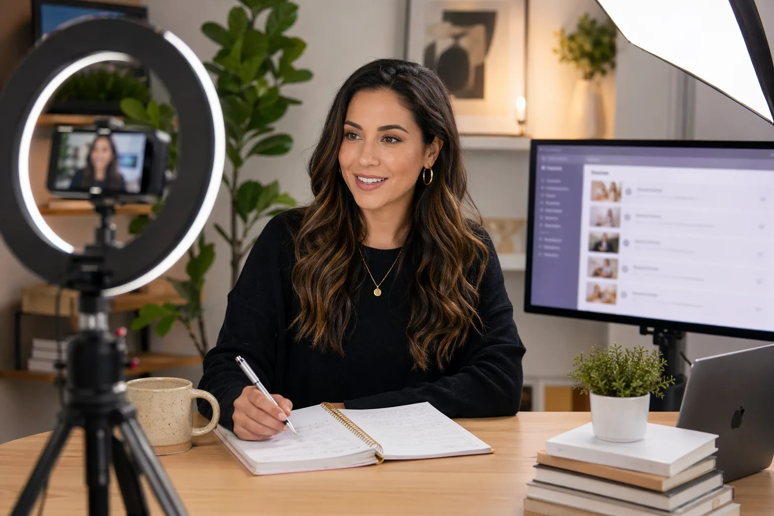 Course creator drafting a companion ebook at a ring-lit desk with lesson notes, a camera on a tripod, and a module on her monitor