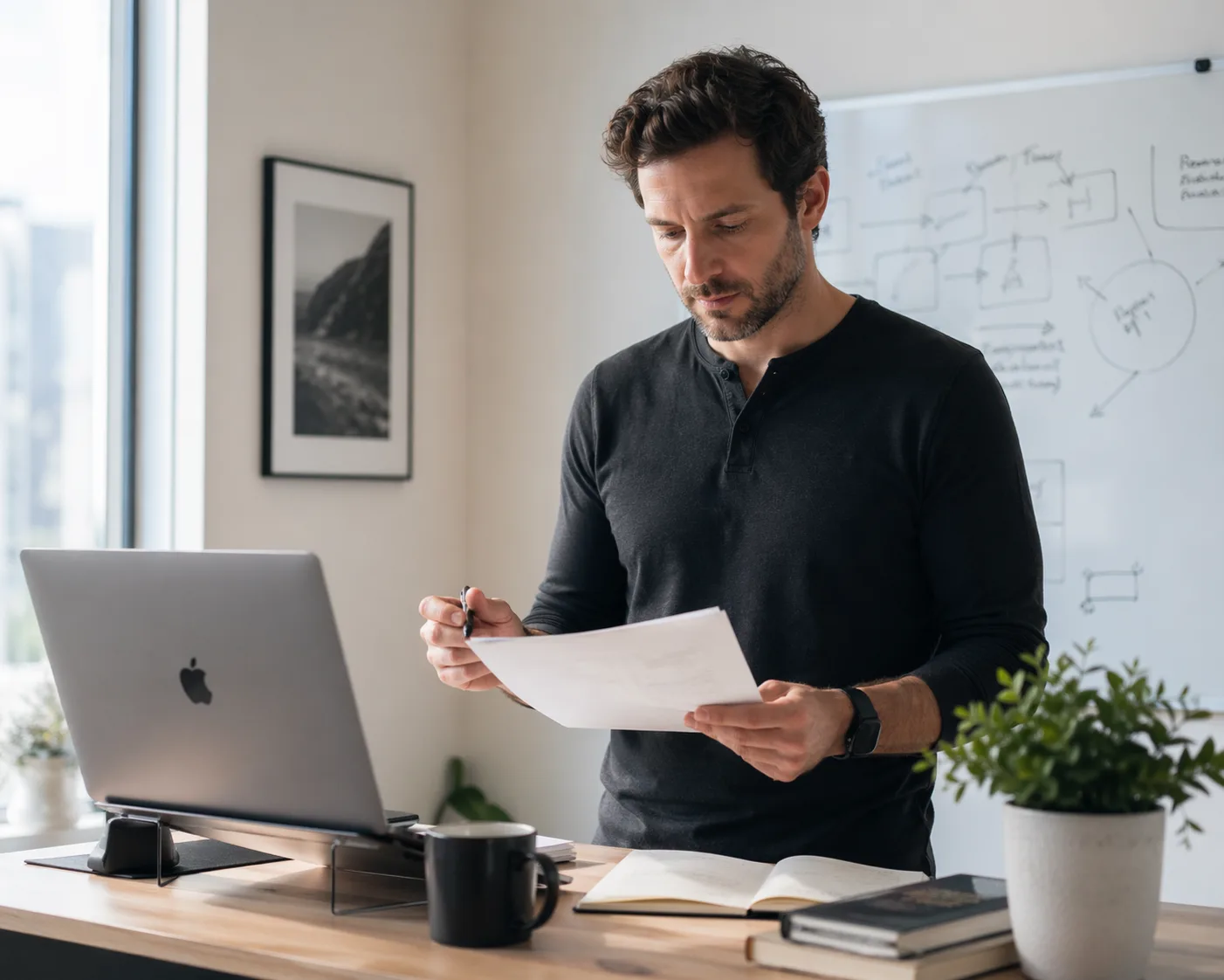 Entrepreneur reviewing a printed ebook chapter at a standing desk in a modern office with a whiteboard strategy wall behind him