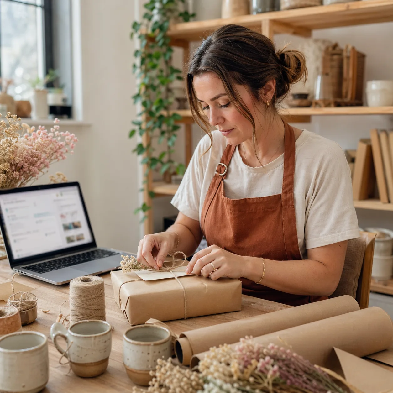 Etsy seller in a rust apron building a digital planner at her workbench with a laptop, handmade ceramic mugs, and dried flowers