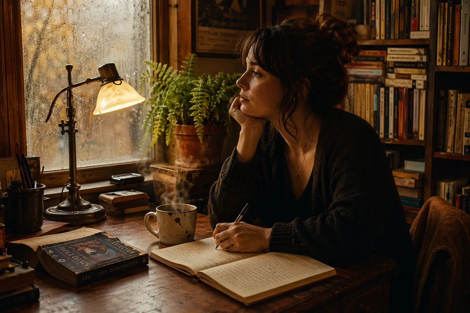 Fiction author drafting her novel in a leather notebook at a vintage desk by a rain-streaked window with antique lamp and ceramic mug