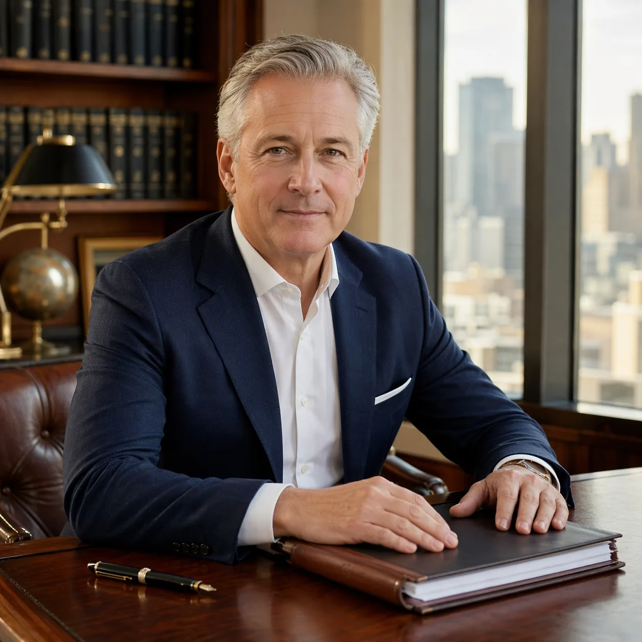 Financial advisor drafting a client guide at a mahogany desk with a leather portfolio, fountain pen, and floor-to-ceiling city skyline behind him