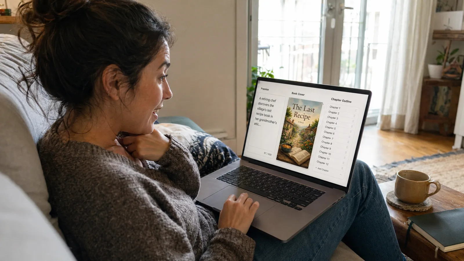 First-time author on a couch in a sunlit apartment, laptop on her knees showing the Inkfluence UI with three panels side by side: a Premise text field with a chef-and-recipe-book novel idea, a generated paperback cover preview titled "The Last Recipe", and a 12-chapter outline. She is smiling at the screen. A coffee mug and notebook sit beside her, illustrating the idea-to-cover-to-outline workflow in under two minutes.