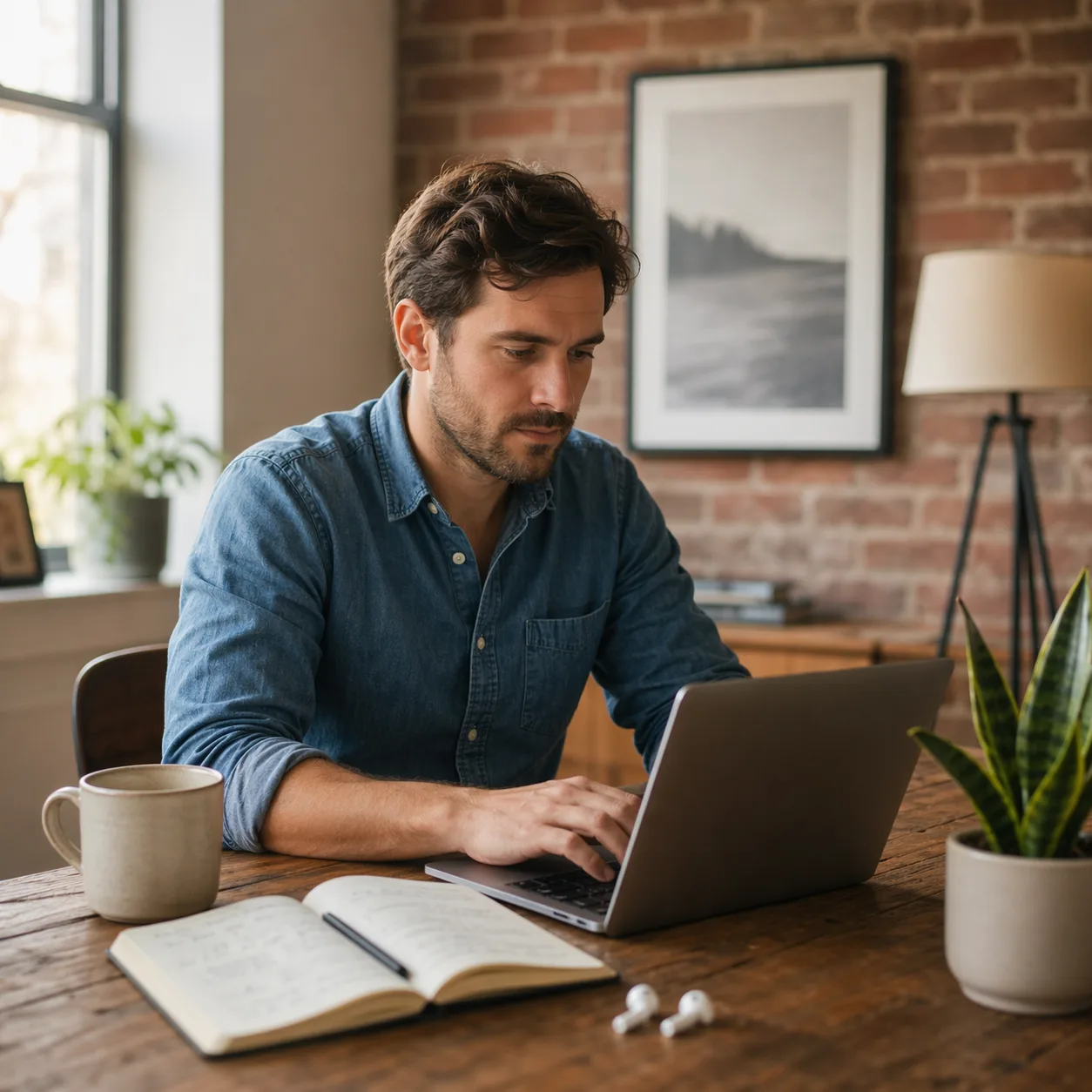 Freelancer drafting a client authority ebook on his laptop at a reclaimed-wood desk with a ceramic mug, open Moleskine, and brick accent wall
