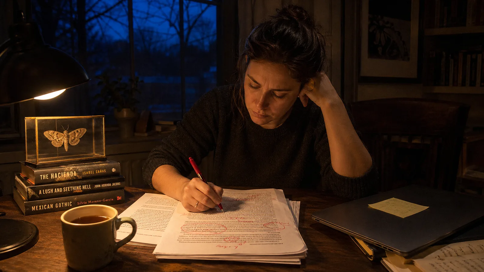 A horror novelist at work in a dim study after dark: a woman in her 30s sits at a wooden desk lit only by a single warm lamp, leaning over a printed manuscript page with annotations in red pen, a closed laptop showing a chapter outline beside her, a stack of paperback horror novels visible at the desk edge, a half-full cup of black tea, a moth pinned in a small glass case, soft shadows in the corners of the room, the window behind her showing a cold blue evening, candid lifestyle photo, no text overlays, no logos, realistic skin texture.
