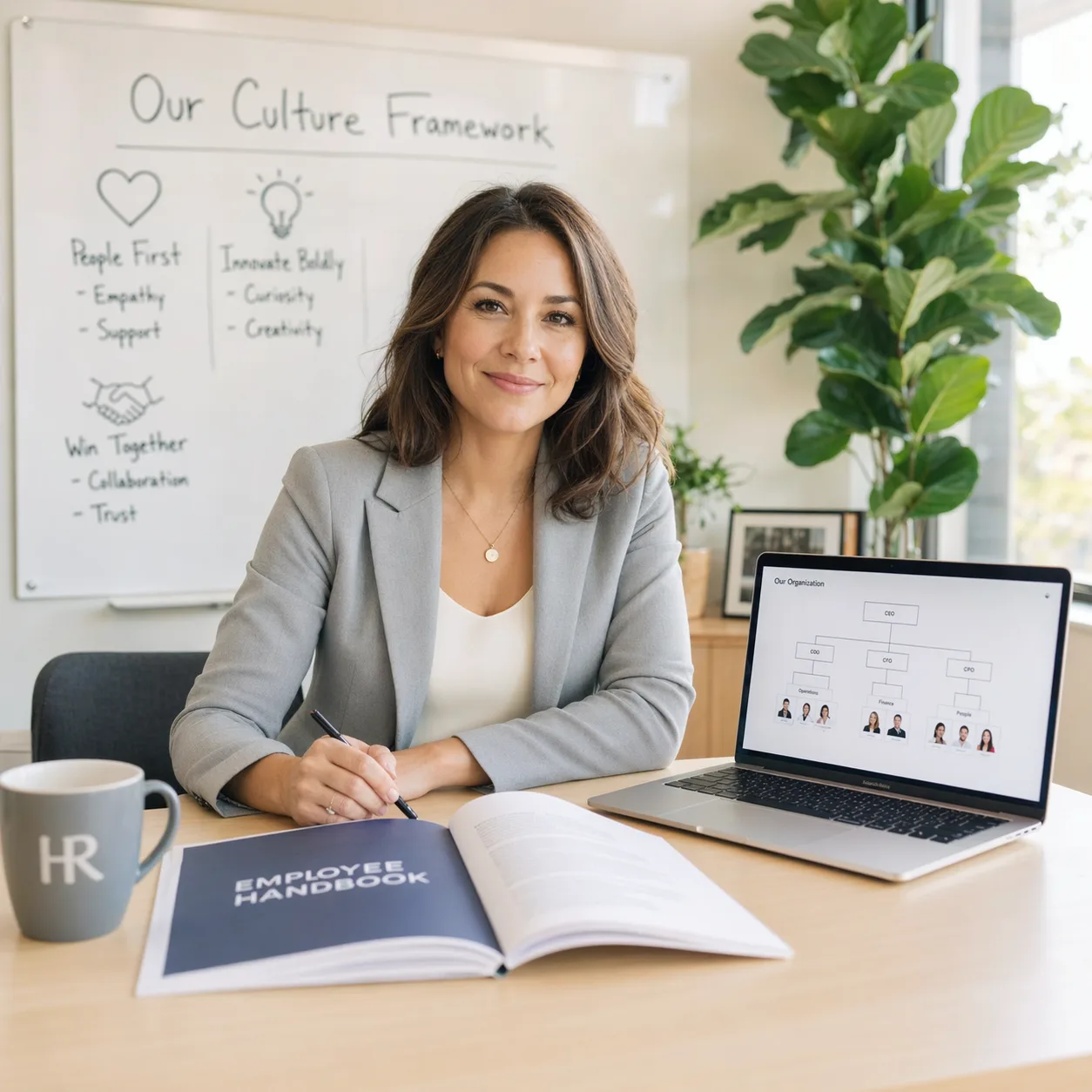 HR director building a training manual at her desk with an open employee handbook, laptop org chart, an HR mug, and a Culture Framework whiteboard