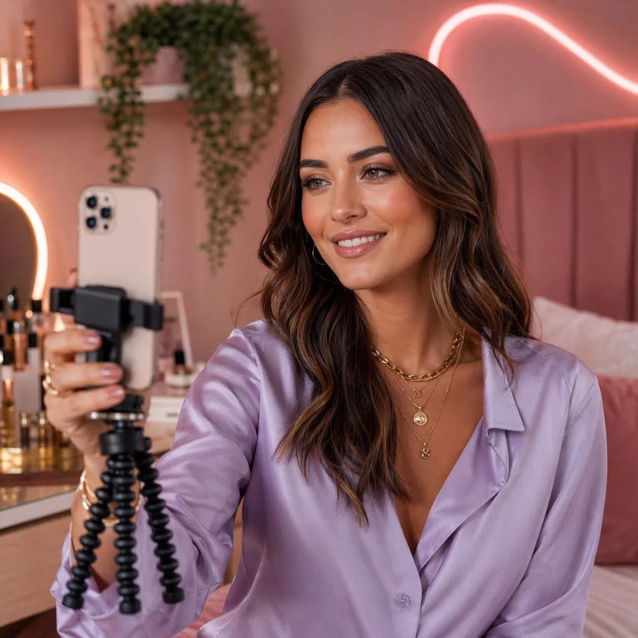 Influencer filming her ebook launch clip on a phone tripod in a pink bedroom studio with a neon accent light, gold necklaces, and a vanity