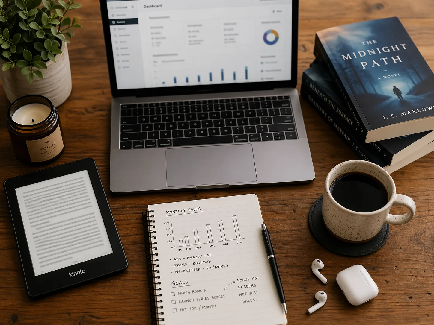 Kindle publisher workspace with KDP sales dashboard on laptop, Kindle device, paperback novels, and a monthly sales goal notebook