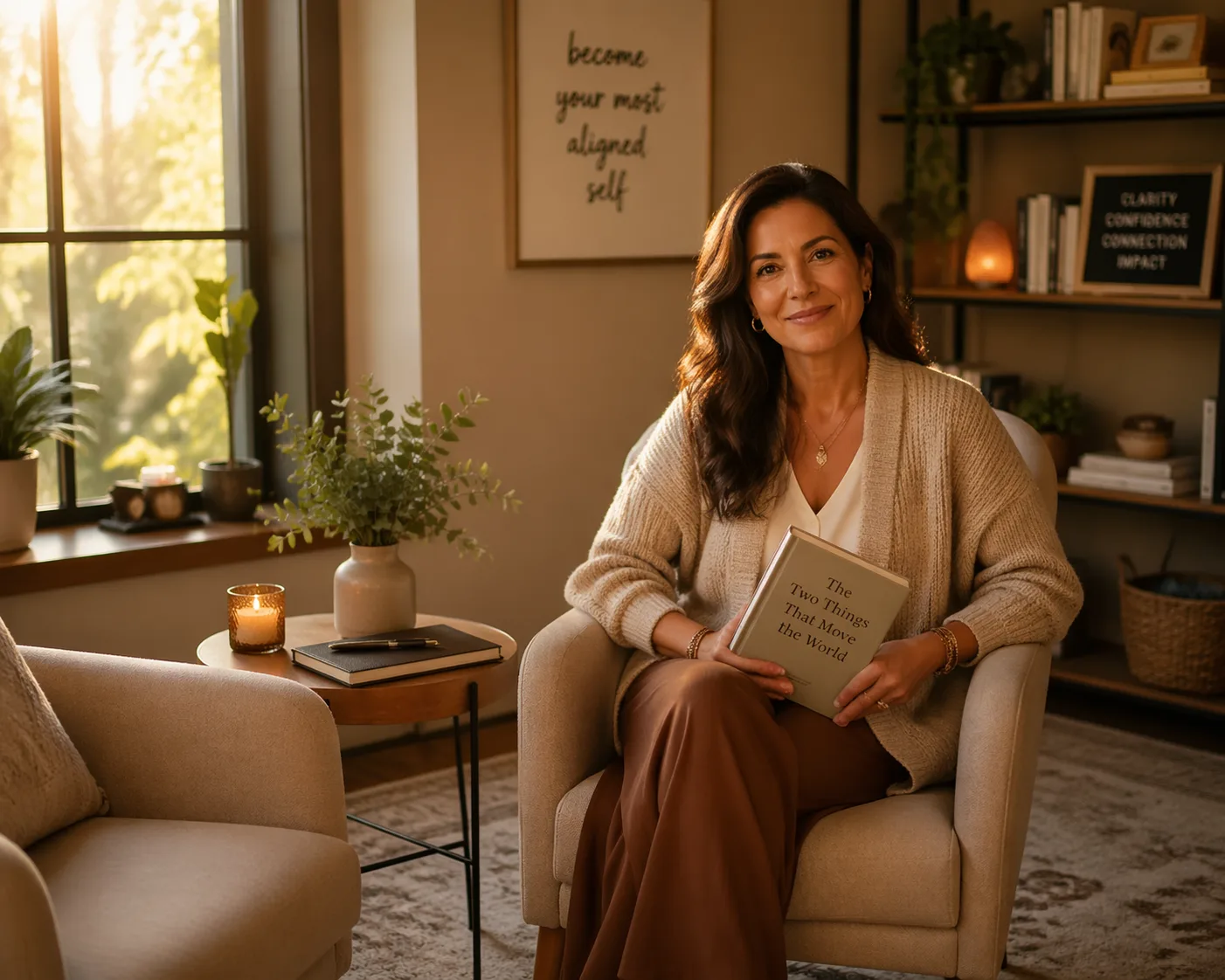 Life coach holding her transformation coaching workbook in a warm, inviting session room with candles, plants, and golden hour light