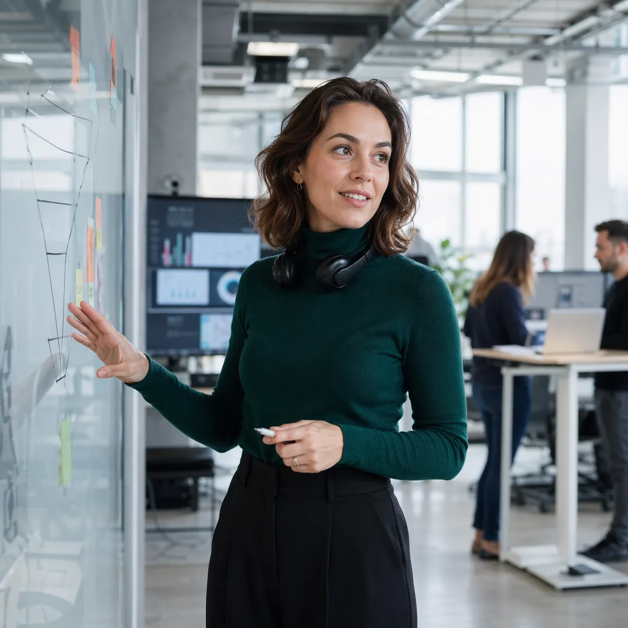 Marketer mapping a lead magnet funnel on a glass whiteboard in a modern agency office with a campaign dashboard behind her