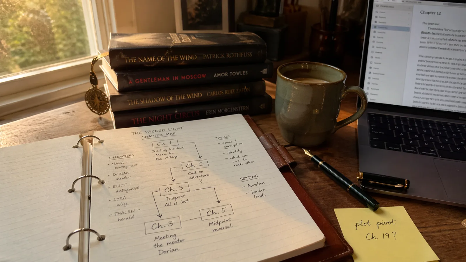 A novelist's home writing desk photographed in warm afternoon window light, showing an open ring-bound notebook with a hand-drawn chapter map across chapters 1 through 6, a laptop angled at the edge of the desk displaying a blurred chapter editor, a stack of hardcover literary novels, a ceramic mug half full of coffee, a fountain pen, and a sticky note reading "plot pivot Ch 19?" in cursive, illustrating the novelist workflow from outline to chapter draft.