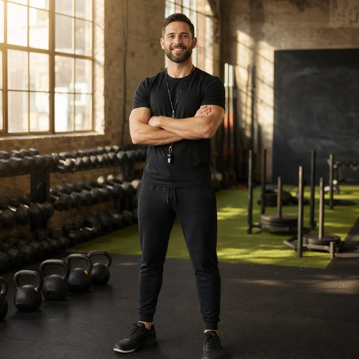 Personal trainer with his client workout program in an industrial gym with dumbbell racks, kettlebells, a prowler sled, and warehouse windows