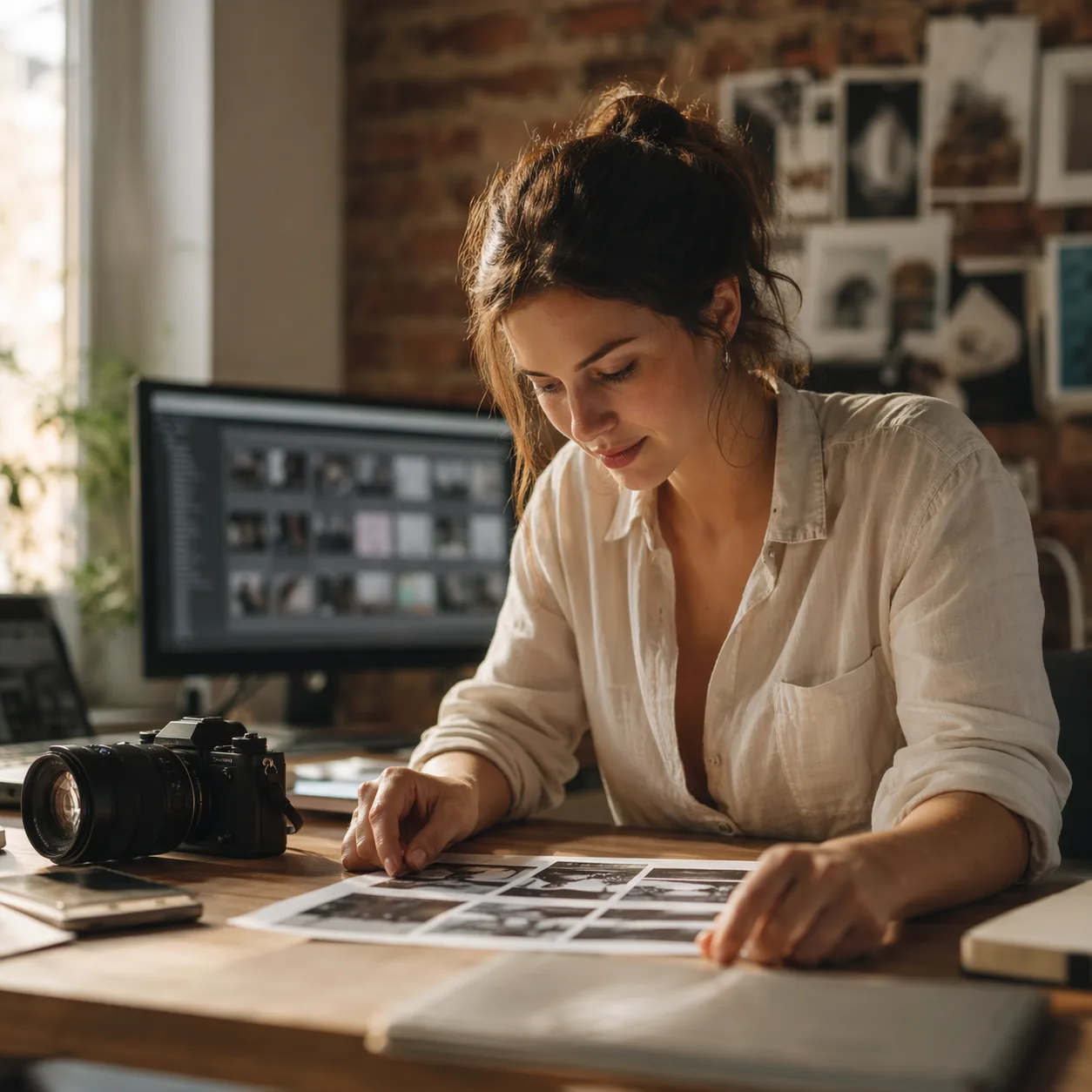 Photographer designing her client pricing guide at a wooden desk with a mirrorless camera, calibrated monitor, and mood board on a brick wall