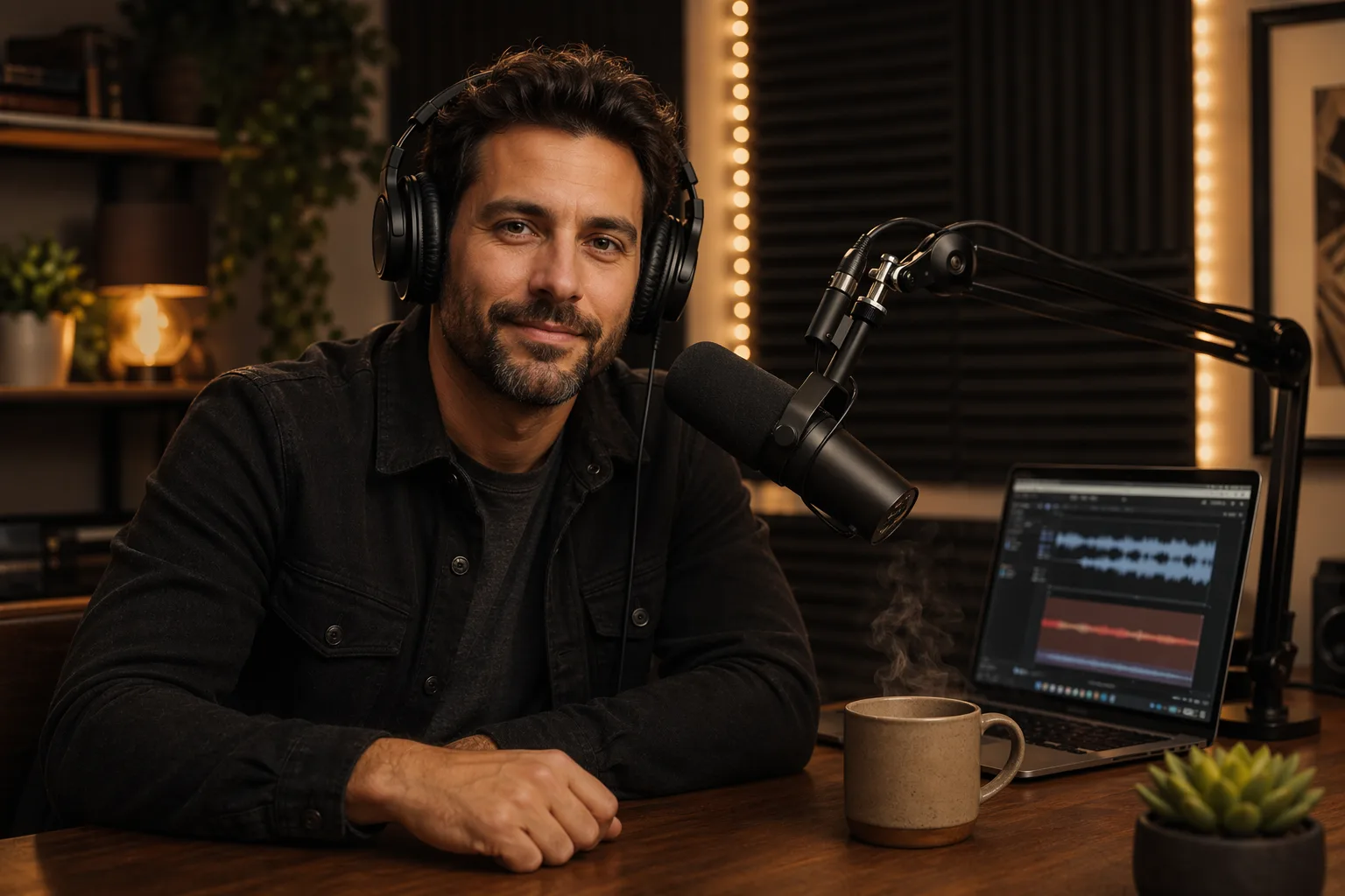 Podcaster turning his episodes into an ebook, wearing studio headphones at a condenser mic with a waveform editor on his laptop