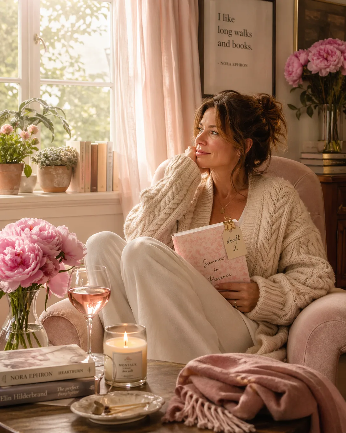 Romance author drafting her novel in a cream cardigan, curled in a plush armchair by a window with peonies, a candle, and a paperback