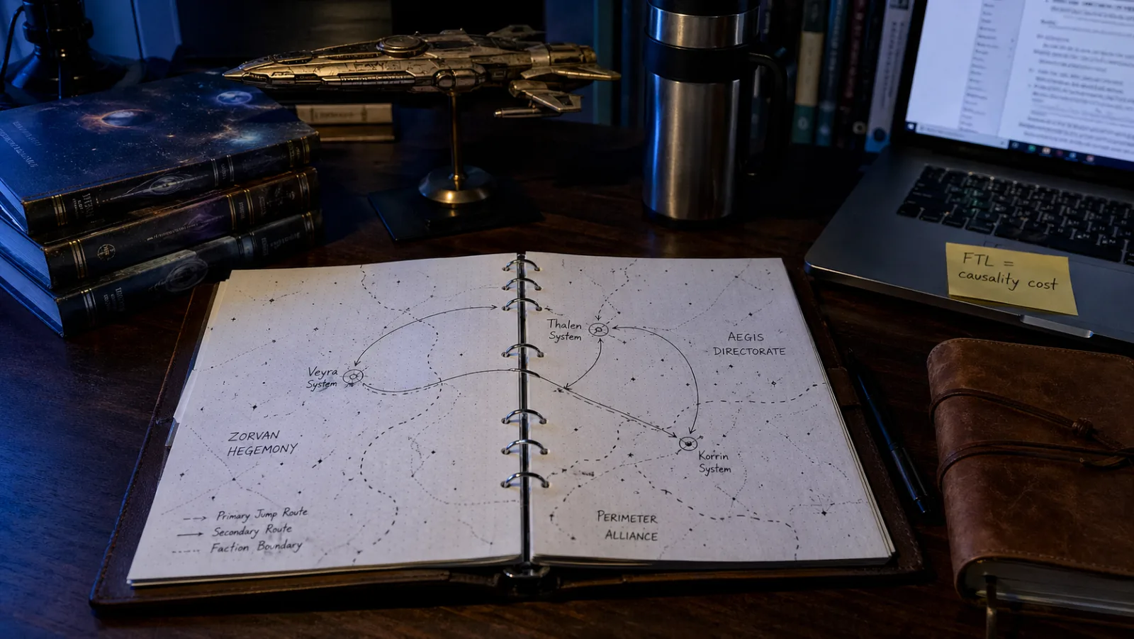 A sci-fi novelist's desk in cool blue lamplight: an open ring-bound notebook with a hand-drawn star map showing three star systems, jump-route arrows, and faction-controlled space, a stack of hardcover hard-SF novels, a model spaceship, a laptop angled at the edge of the desk showing a blurred chapter editor, and a sticky note reading "FTL = causality cost" in cursive, illustrating the sci-fi-author workflow from technology rules to chapter draft.