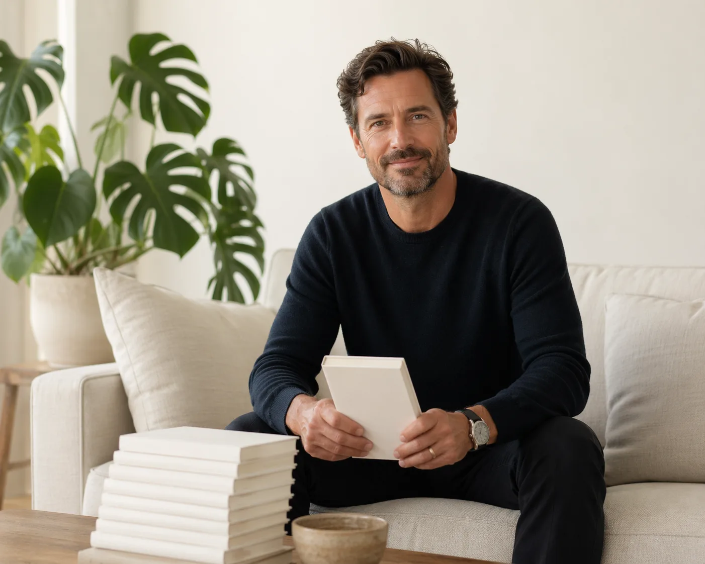 Self-help author on a linen sofa with a stack of his published self-help books in a bright minimalist studio with plants