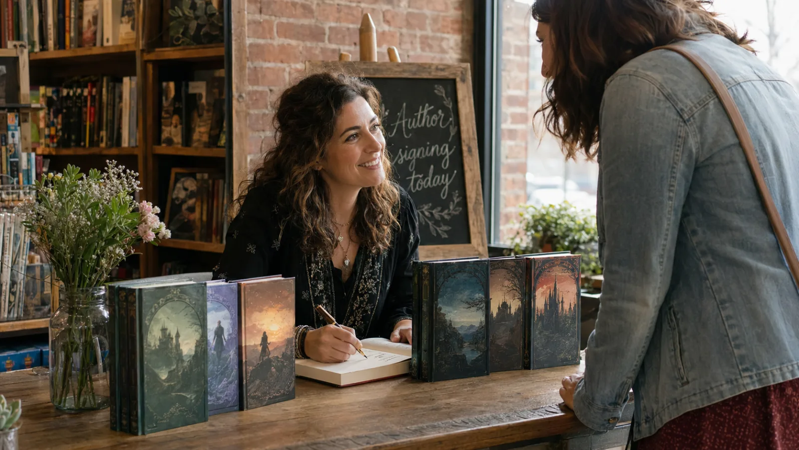 A novelist in her late thirties at a small bookstore signing event, sitting at a wooden table with her own published novel series fanned out in front of her, five hardcover books with matching spine art. She is mid-conversation with a reader leaning over the table, smiling, holding a fountain pen poised over the title page of book three. Behind her, a chalkboard sign reads Author signing today in cursive. Warm afternoon light, exposed brick wall, cosy independent bookstore.