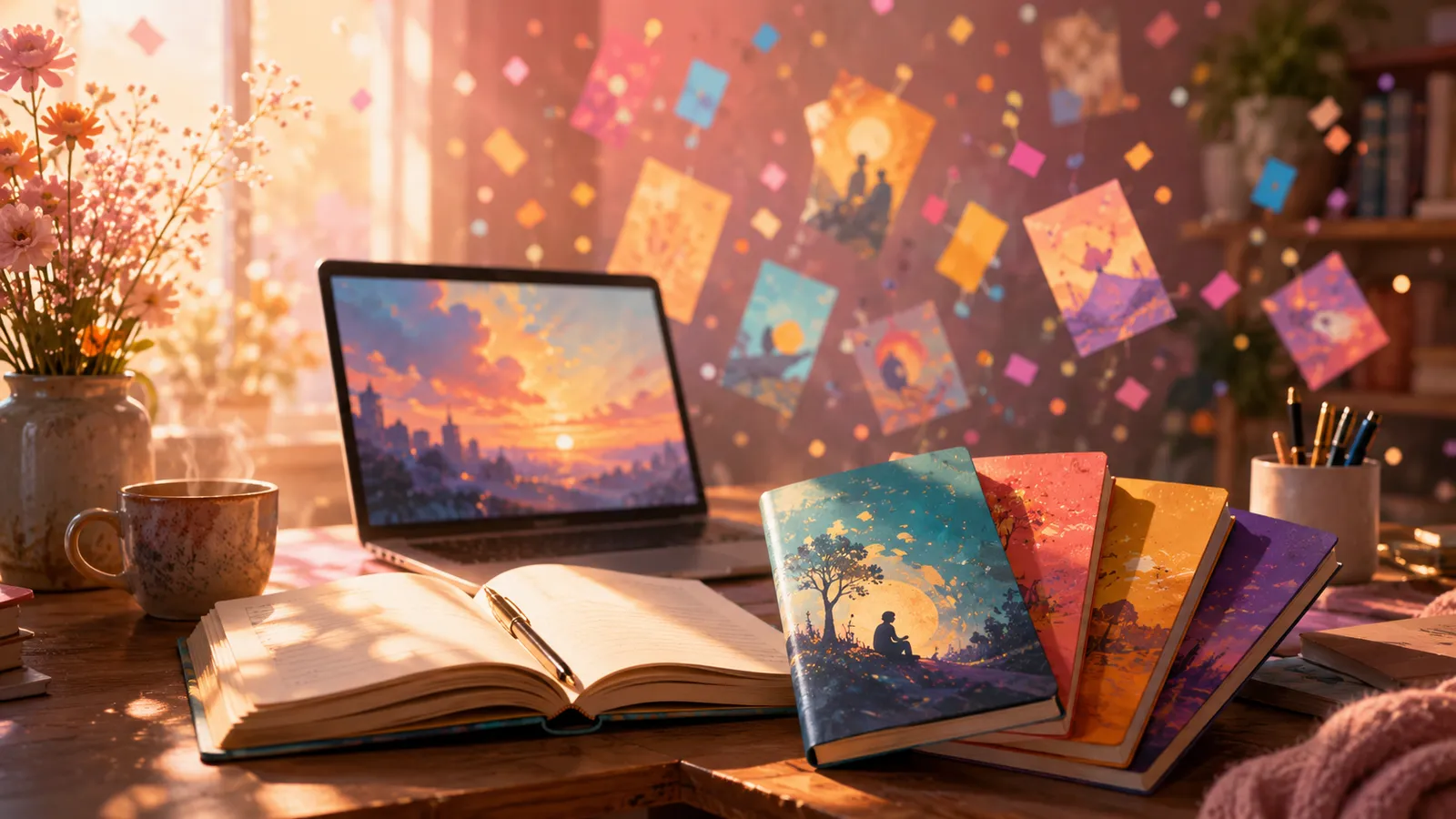 A vivid, colourful spread of a finished short story collection: many small story booklets in bright varied cover colours fanned across a desk, illustrating how individual AI-drafted short pieces assemble into one published book.