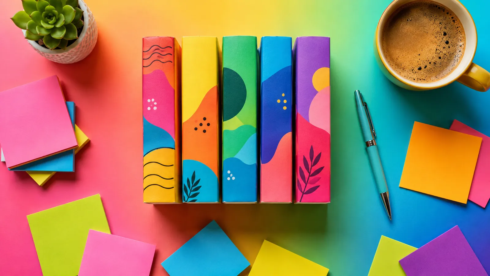 A bright, colourful flat lay of a short fiction writer's desk: a neat fan of small paperback short-story booklets with vivid multicolour spines in teal, coral, marigold and violet, a pen, a coffee, and scattered colourful sticky notes, photographed in crisp playful studio light, illustrating an AI-drafted short story collection ready to publish.