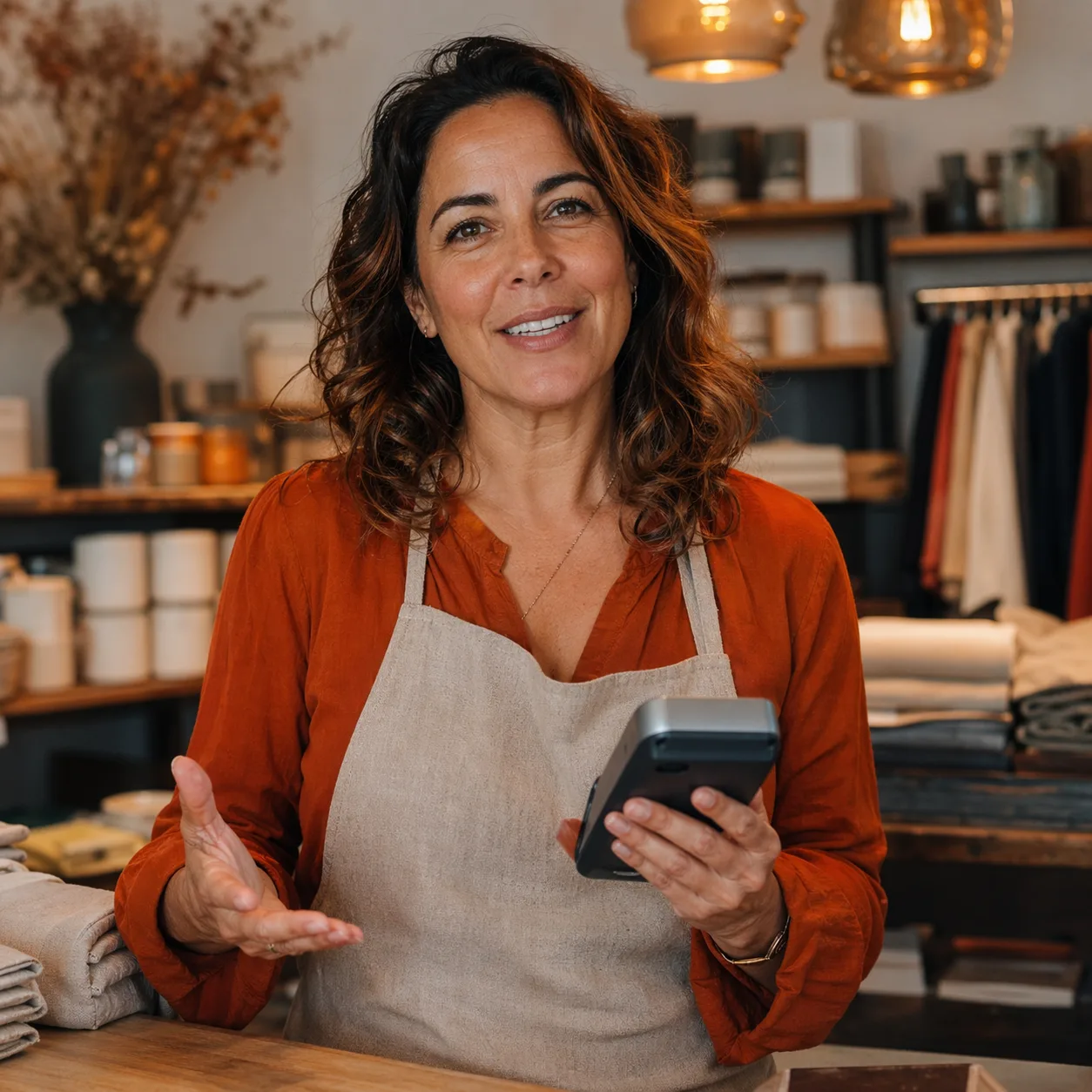 Small business owner with a customer training guide at her boutique counter in a burnt-orange apron, holding a card reader with curated shelves behind