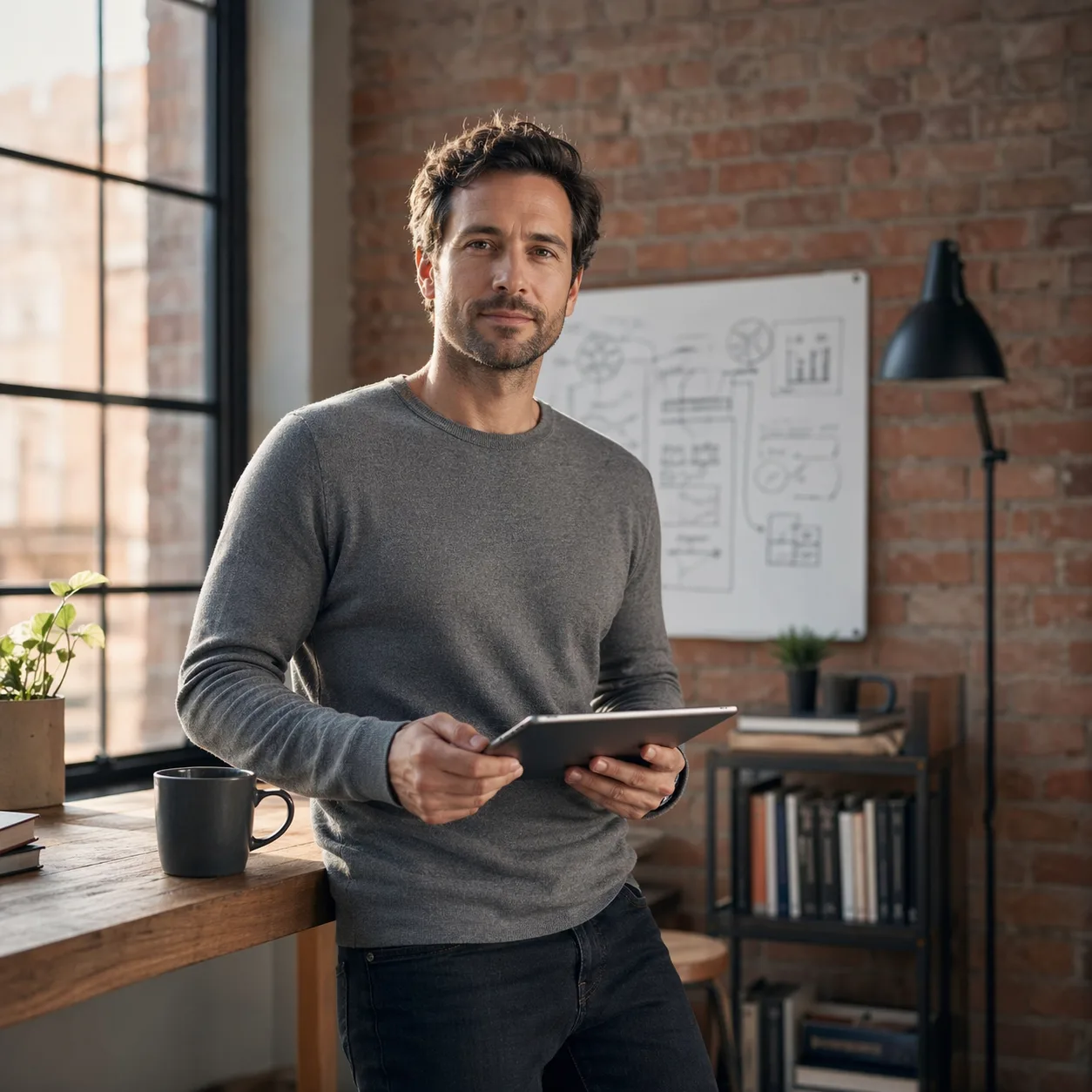 Solopreneur sketching a digital product lead magnet on his tablet at a loft desk with exposed brick and a whiteboard business plan behind him