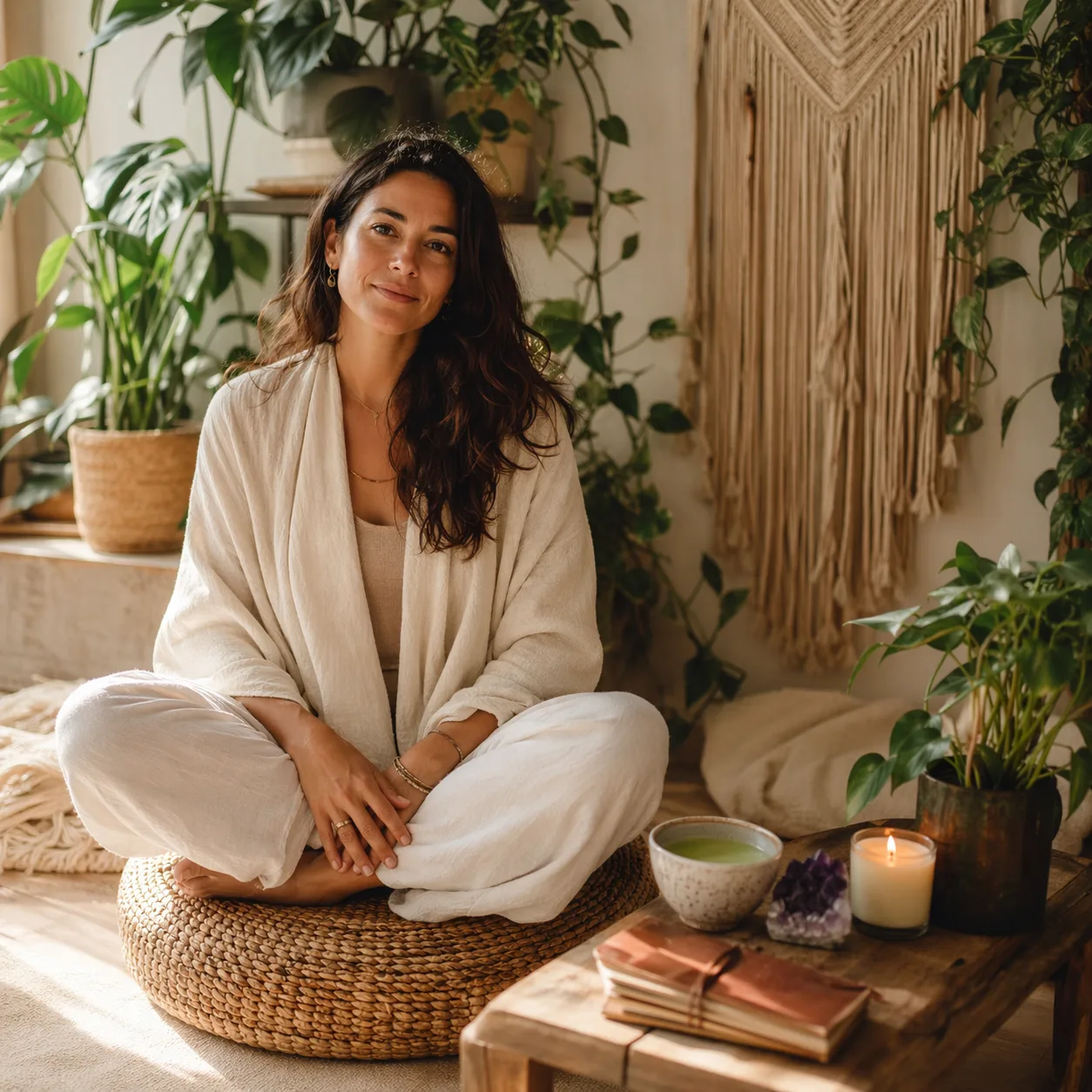 Spiritual coach preparing a guided journal in cream linen on a rattan cushion with matcha, amethyst, a candle, and a macramé wall hanging behind