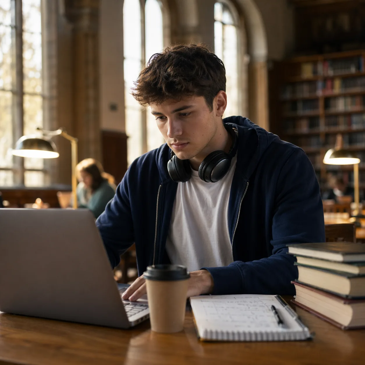 University student generating a study guide at a library table with a laptop, stack of textbooks, spiral notebook, and headphones
