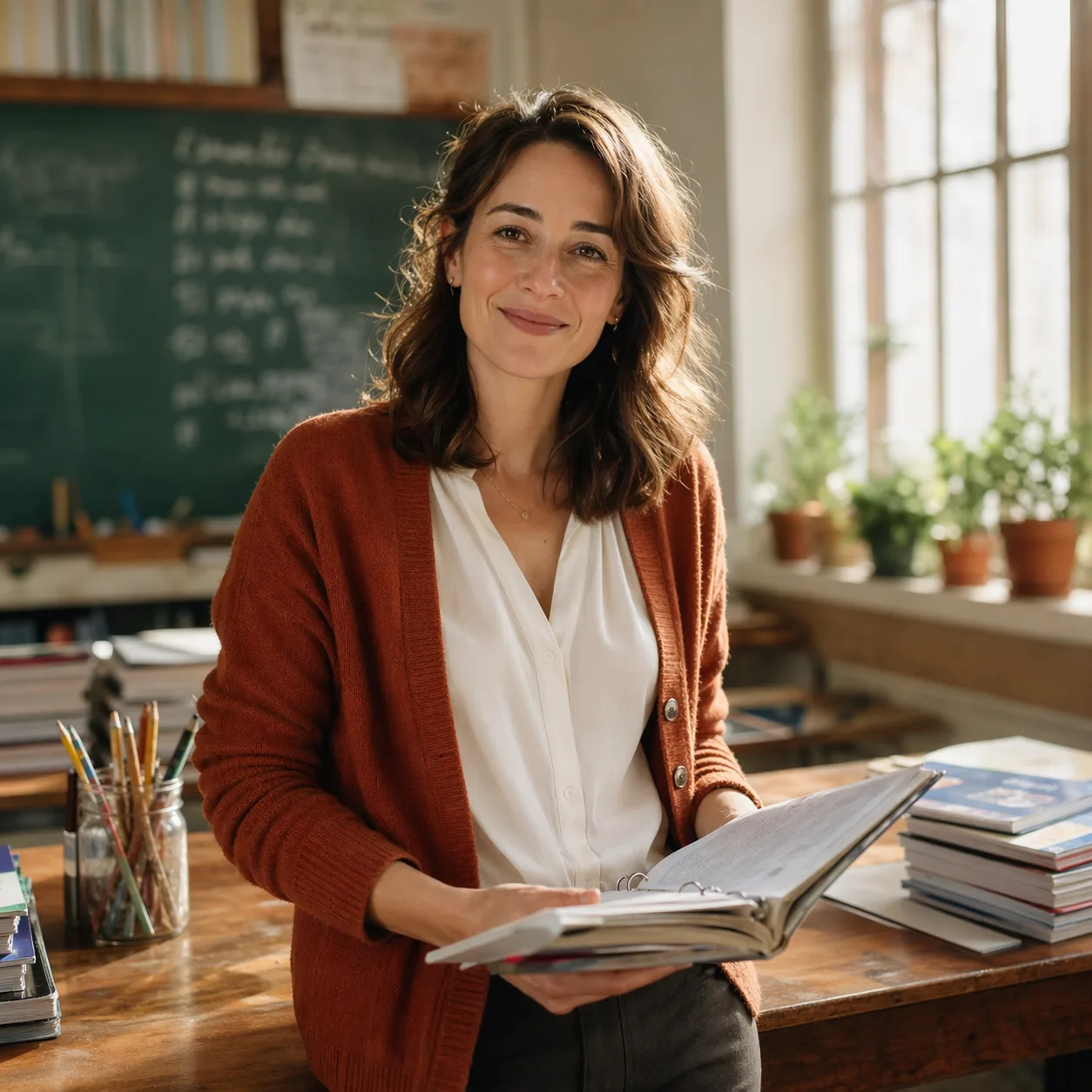 Teacher planning classroom resources with an open lesson planner in a warm classroom with a chalkboard, jar of pencils, and student workbooks