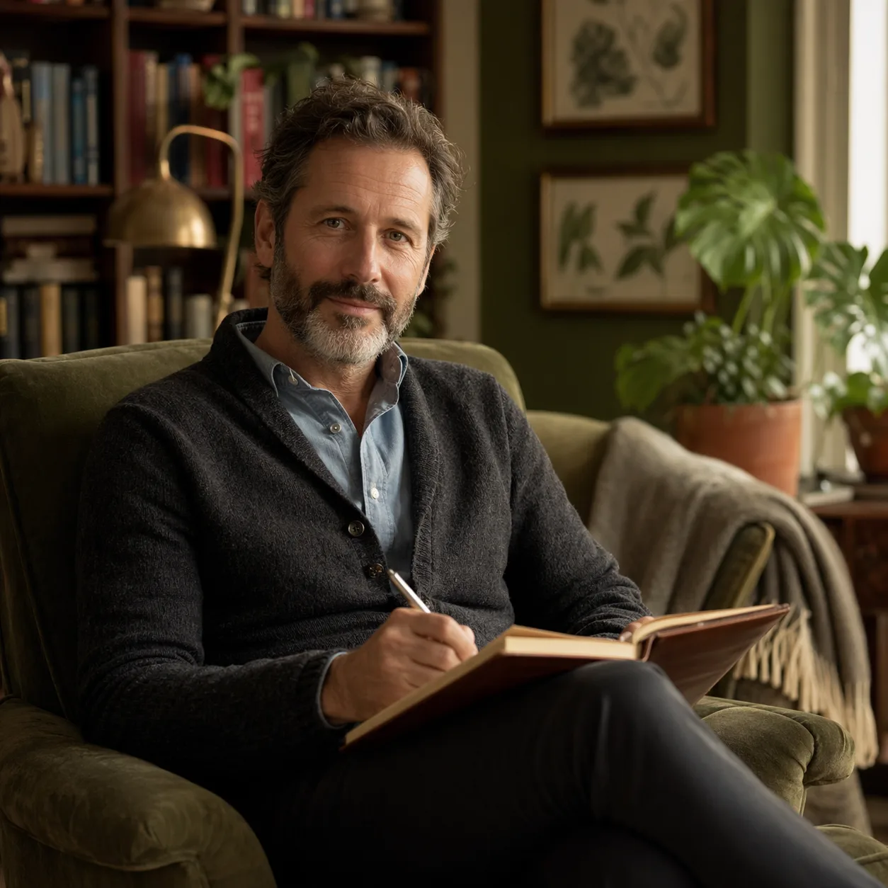 Therapist drafting a client worksheet in a sage-green velvet armchair with a leather-bound notebook, botanical prints, and bookshelves behind him
