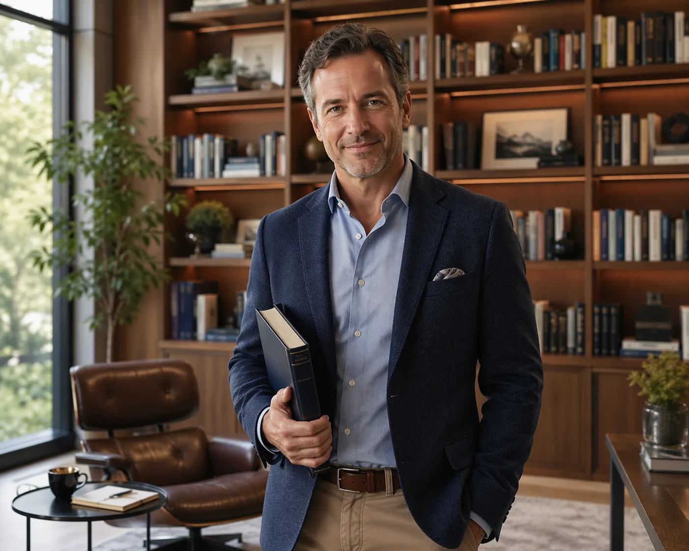 Thought leader and consultant holding his hardcover authority book in a warm, wood-lined home library