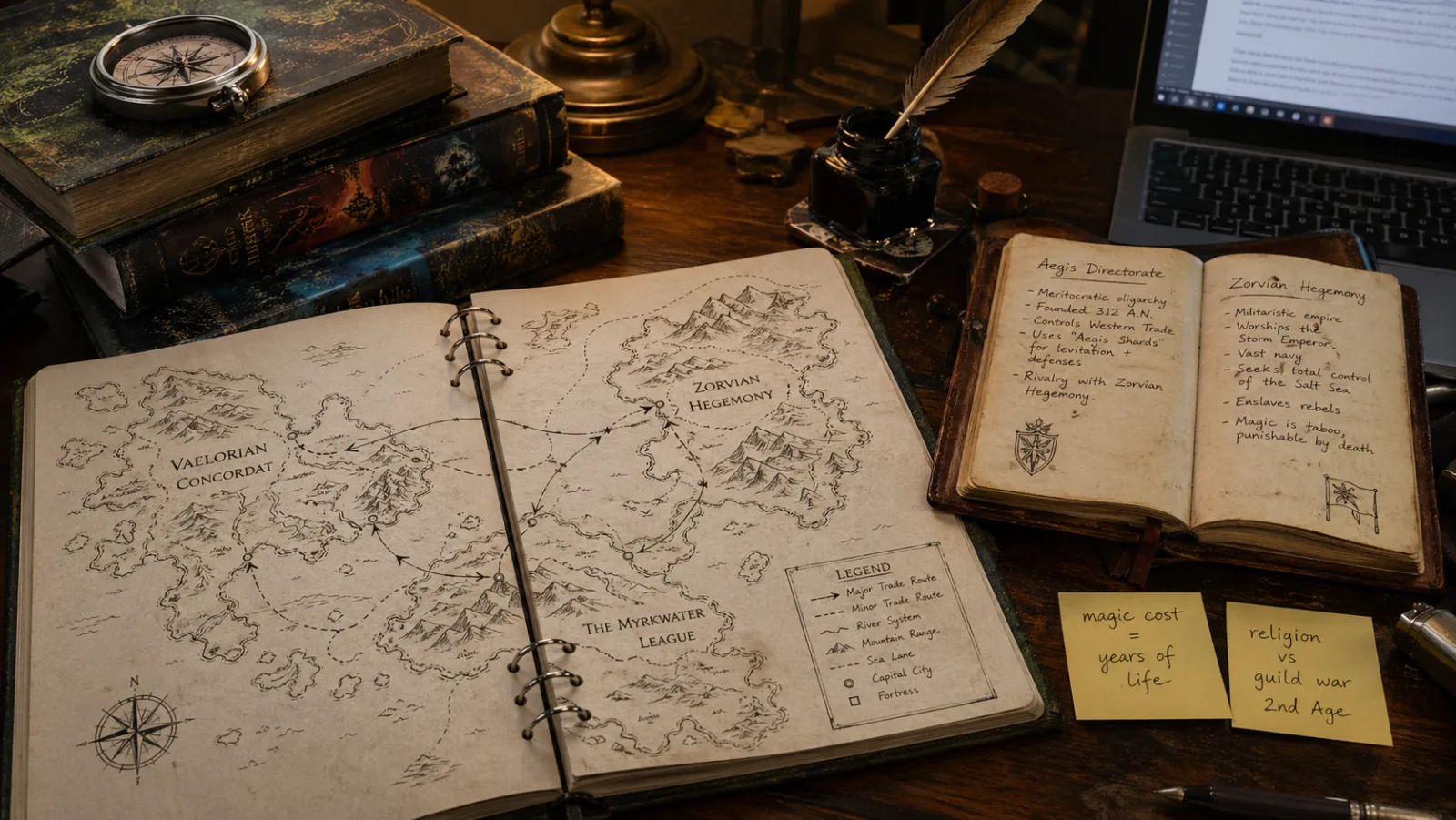 A worldbuilder's desk in warm afternoon light: an open ring-bound notebook with a hand-drawn world map showing kingdoms, mountain ranges, river systems, and a labelled trade-route legend; stacks of hardcover fantasy and sci-fi novels (no readable titles); a pewter compass; an inkwell with a quill; a leather-bound journal with handwritten faction notes; a laptop angled at the edge showing a blurred chapter editor; sticky notes reading "magic cost = years of life" and "religion vs guild war 2nd Age" in cursive.