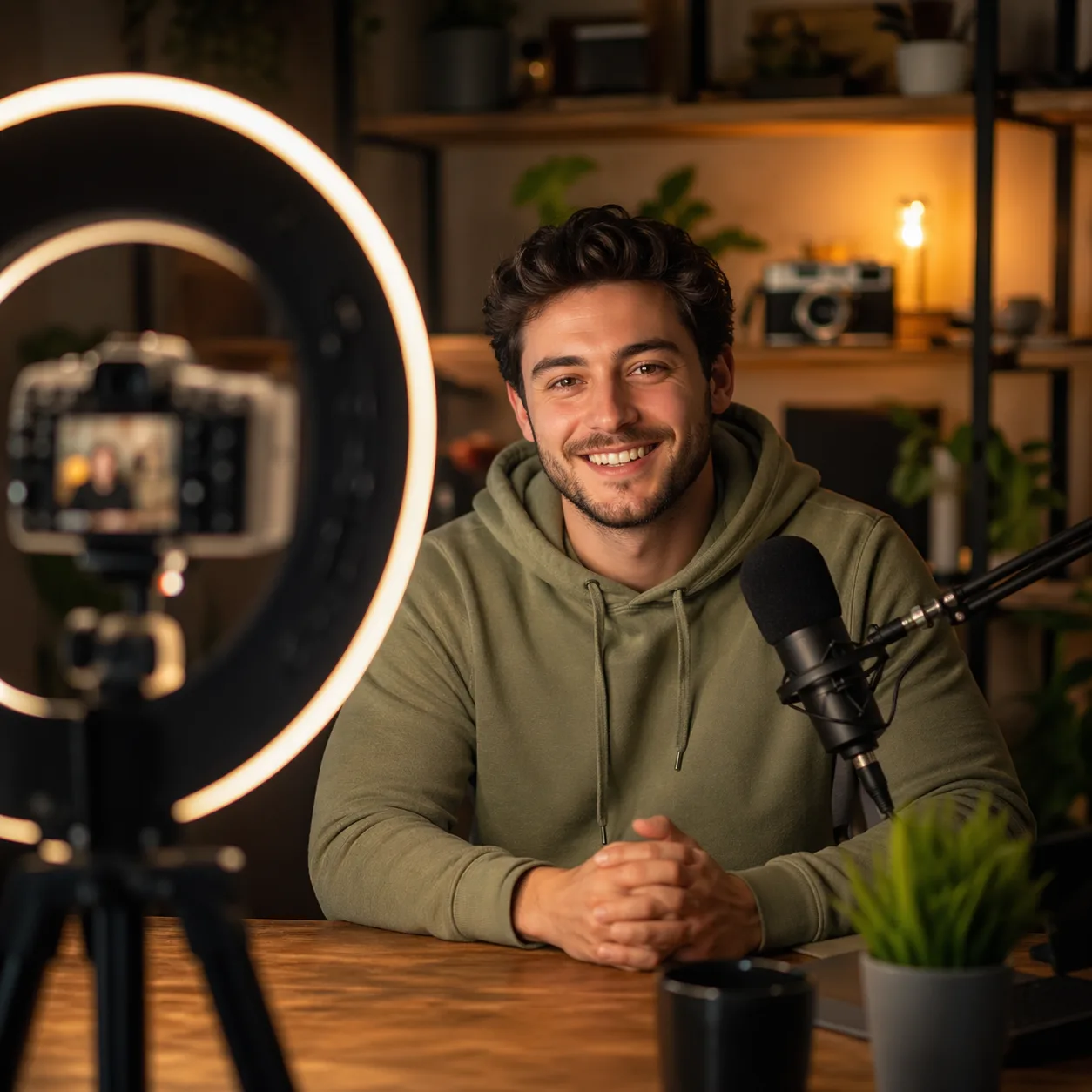 YouTube creator turning his videos into an ebook at a ring-lit home studio with a condenser mic on boom arm and a mirrorless camera on tripod