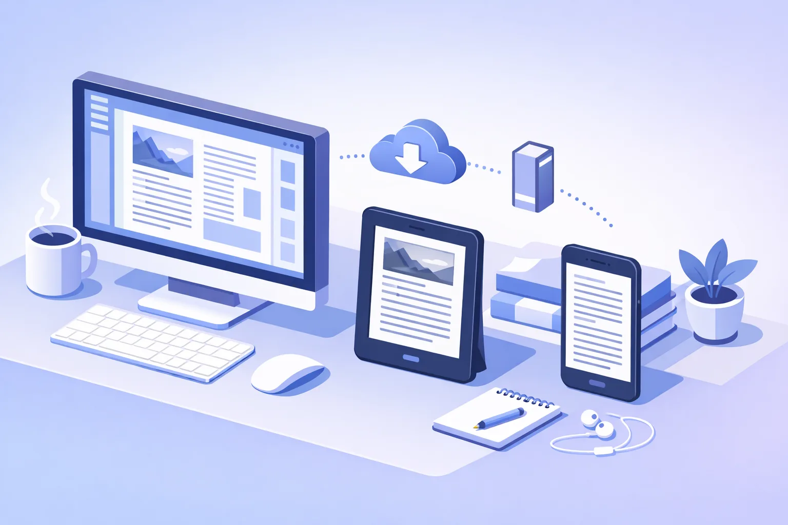 How to make an ebook - multi-device workspace showing PDF and EPUB formatting, cover design, and publishing