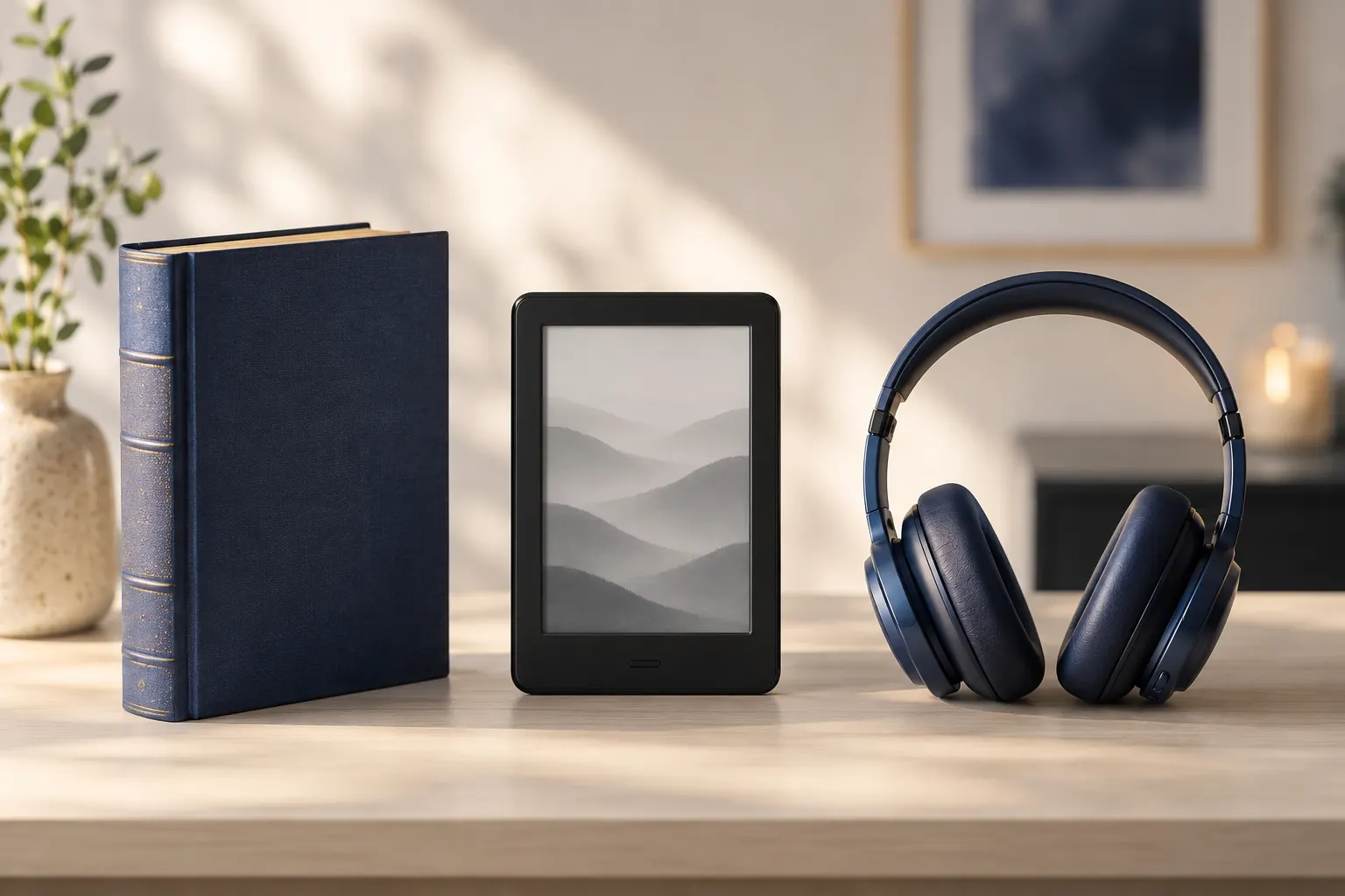 Finished book, e-reader and audiobook headphones arranged as a left-to-right idea-to-published progression handled in one tool