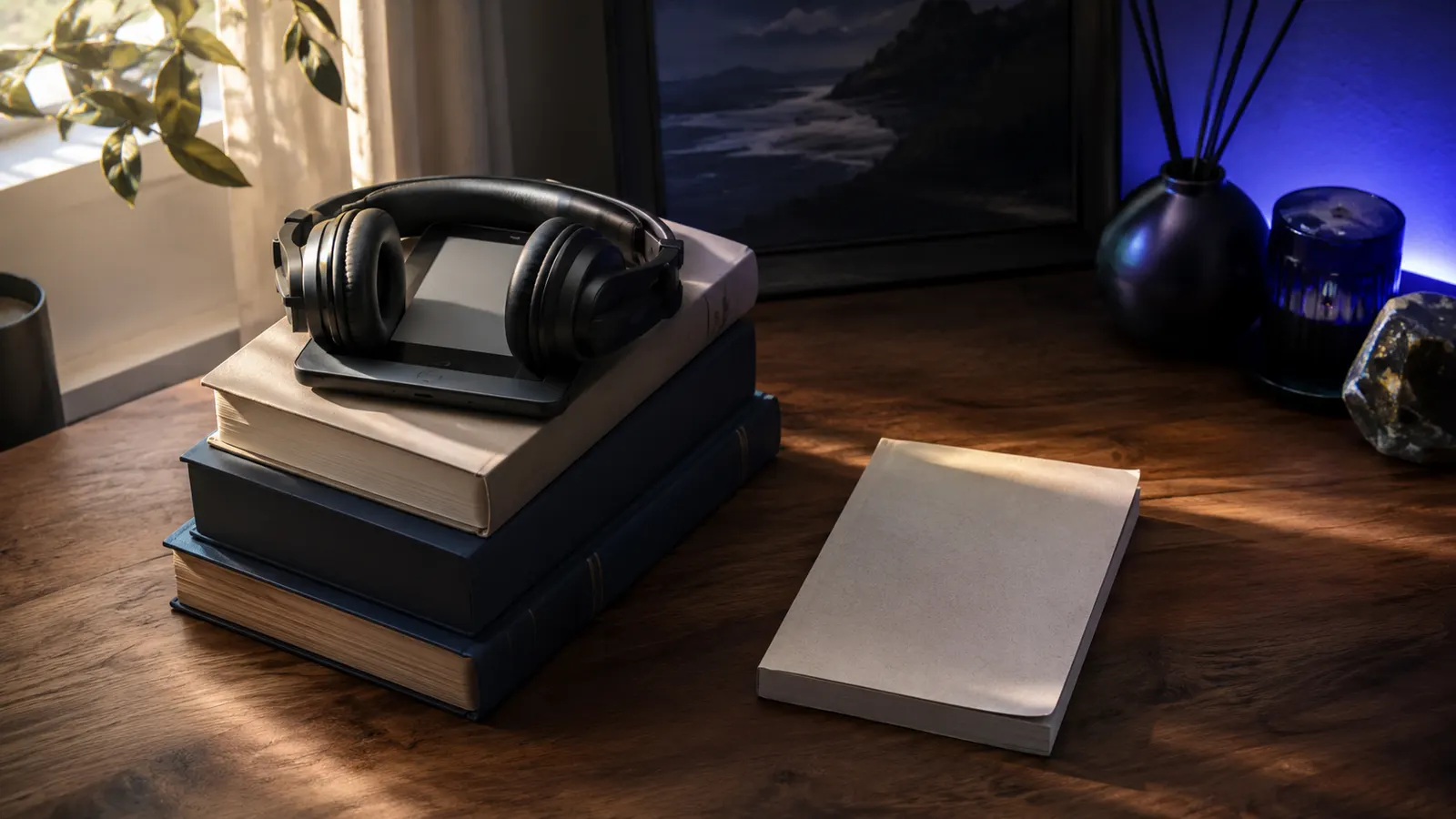 Complete book stack with audiobook and e-reader beside a single thin paperback, showing the value gap between an all-in-one tool and a drafting-only tool