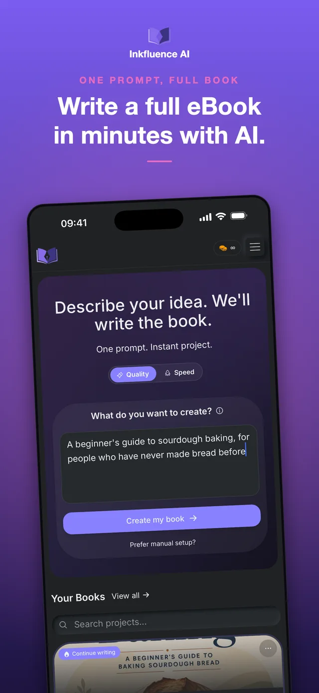 Inkfluence iOS app home screen: describe your idea and the AI writes the book