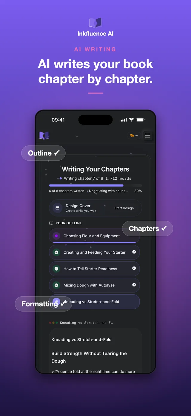AI writing a book chapter by chapter from an outline in the Inkfluence iOS app