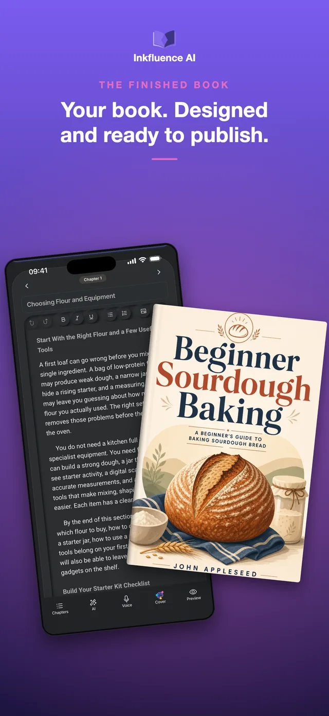 A finished book in the Inkfluence iOS app: chapter editor beside a designed cover, ready to publish