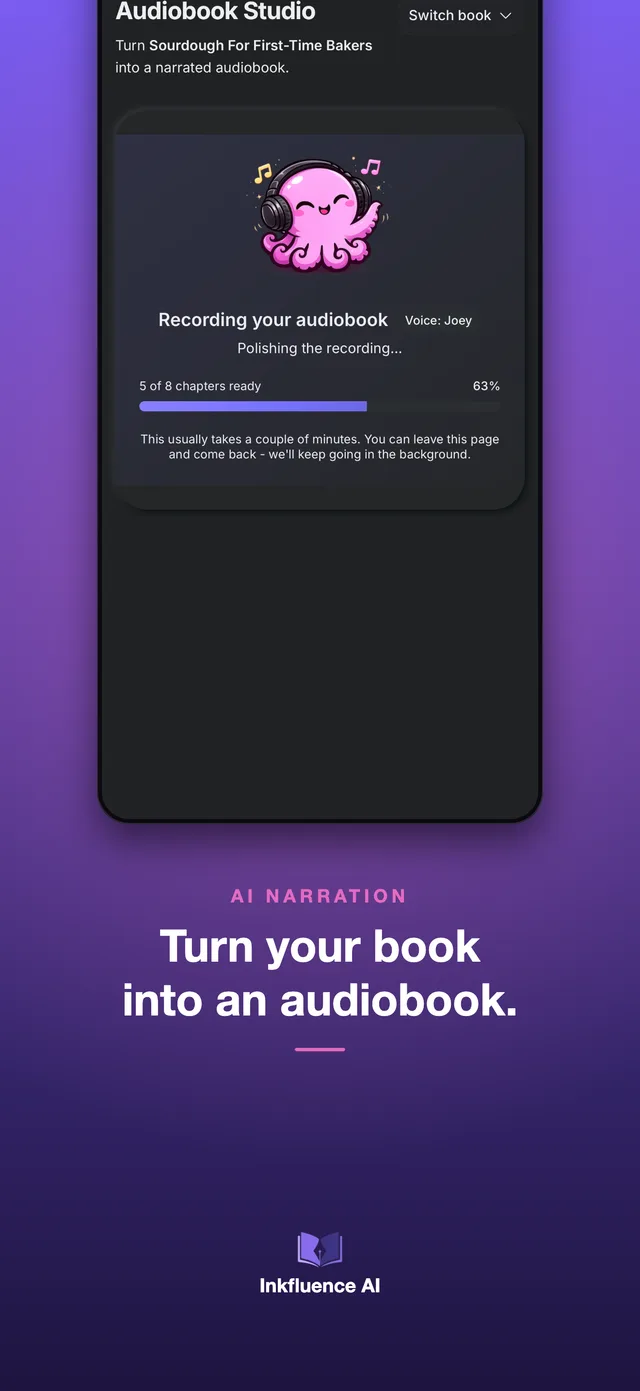 Audiobook studio narrating a book chapter by chapter with AI voices