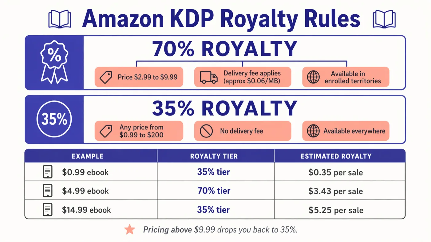 Amazon KDP royalty rules infographic comparing 70% tier ($2.99 to $9.99) and 35% tier, with per-sale earnings examples