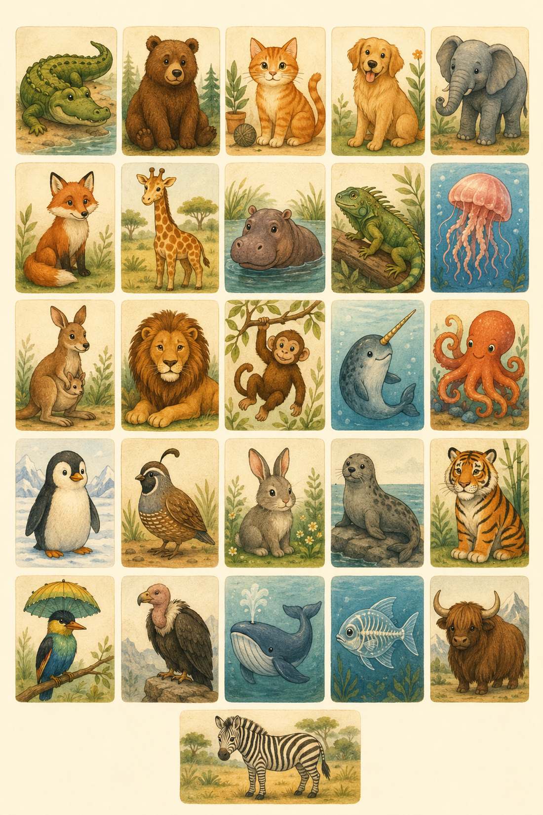 A poster grid of 26 small warm illustrations, one animal per letter of the alphabet, from alligator to zebra