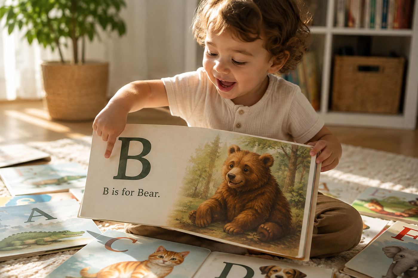 A toddler pointing at the letter B on a colorful printed ABC book page showing an illustrated bear, with more alphabet pages fanned out on the rug