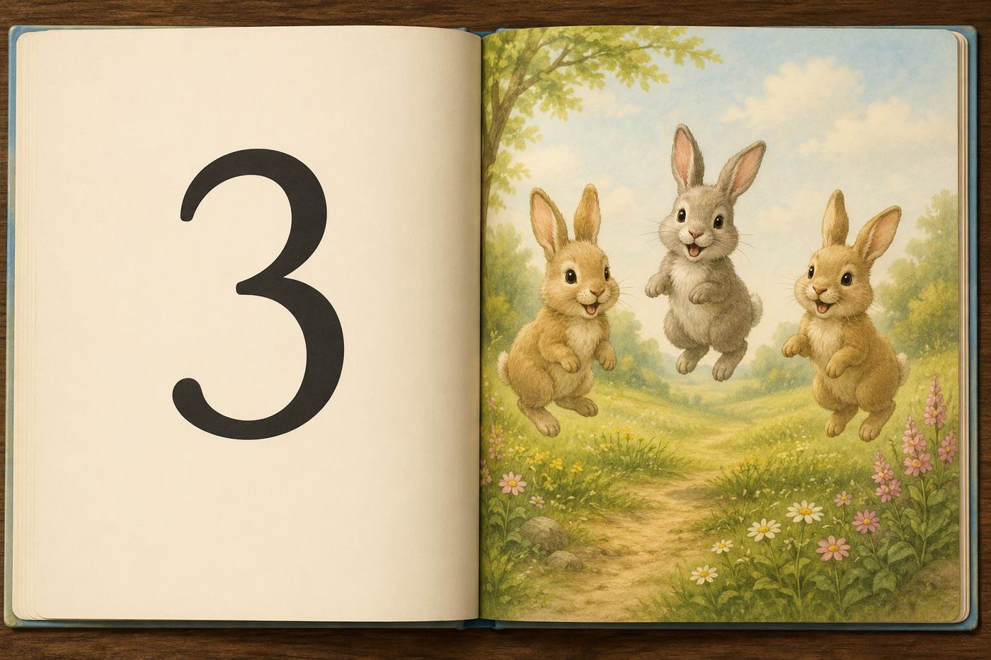 An open counting book spread showing a large numeral three beside an illustration of three bouncing bunnies