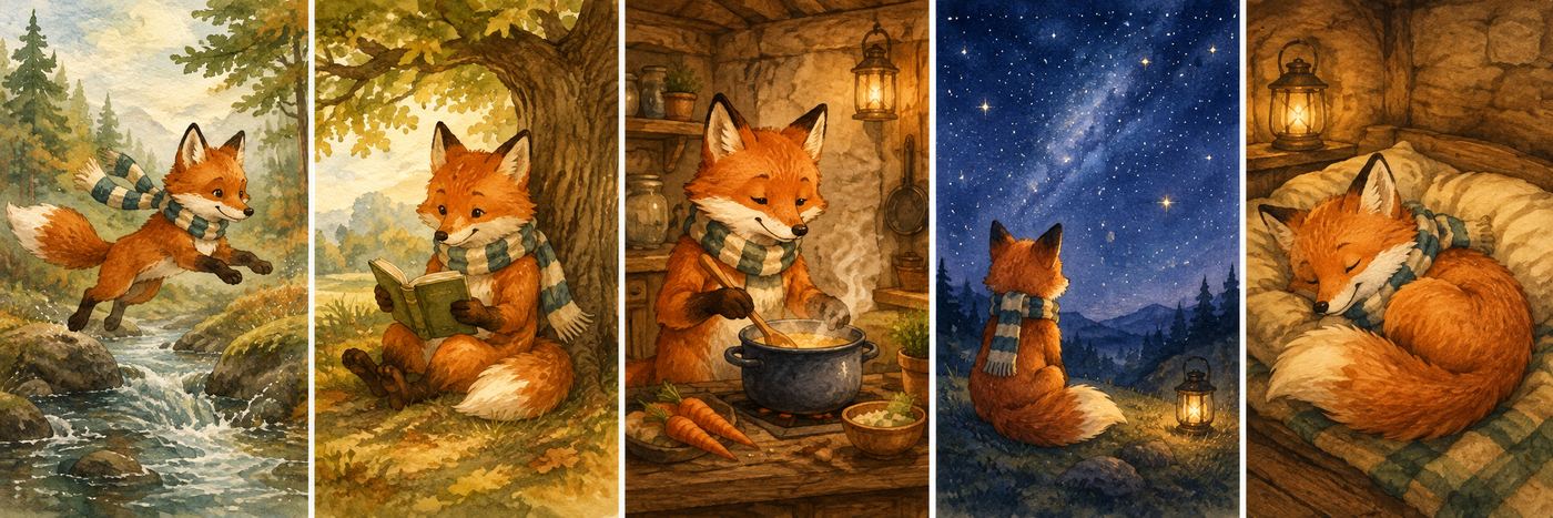Five AI-generated book illustrations in a row showing the same fox character with a striped scarf across five different scenes in one consistent watercolor style