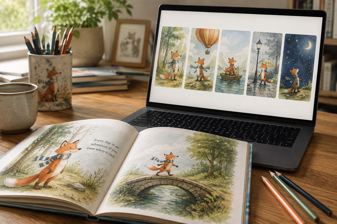 An illustrated book open beside a laptop where the AI book illustration generator is drawing the same fox character across five different chapter scenes