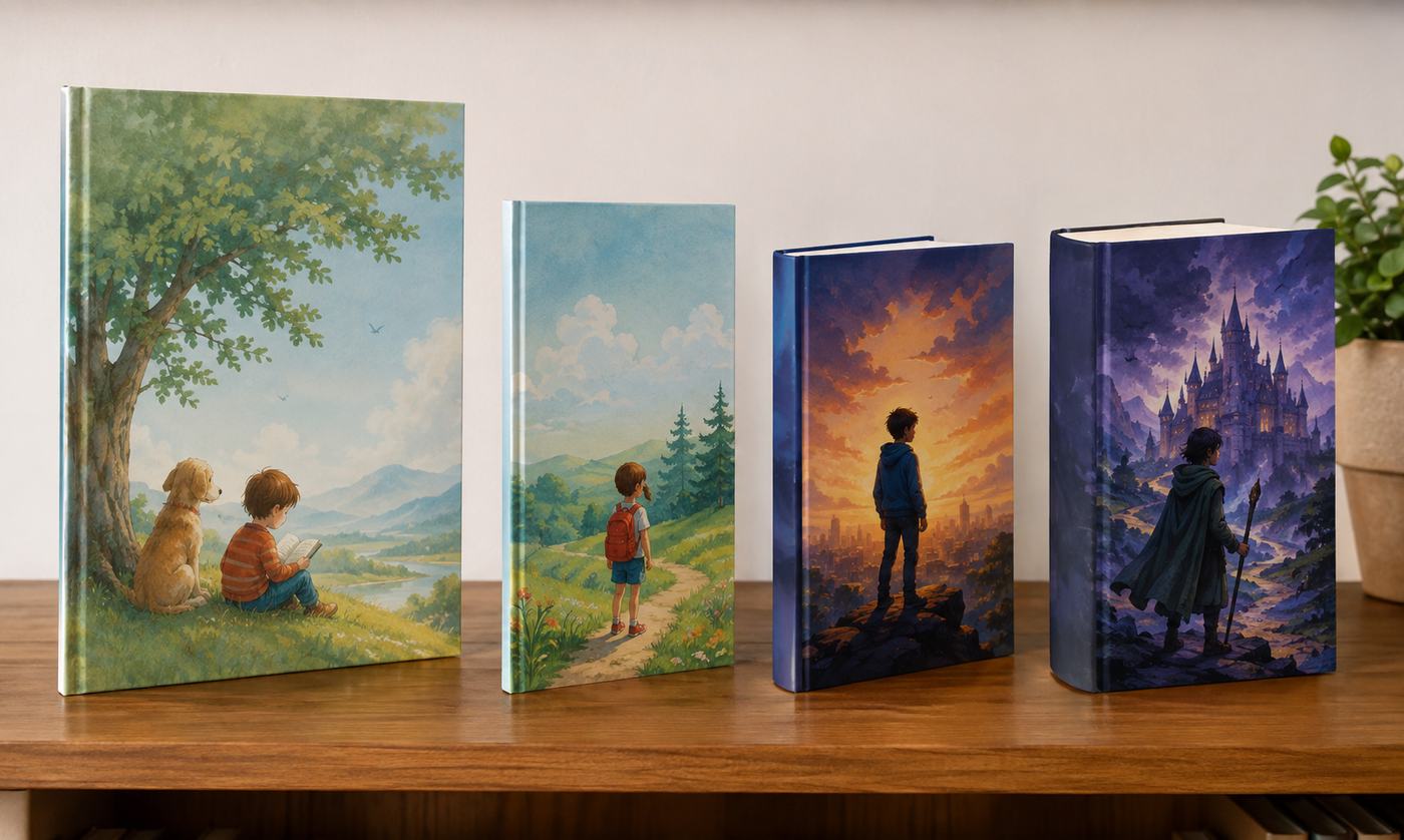 Four children books arranged left to right showing the reading ladder: a large picture book, an early reader, a chapter book, and a thicker middle grade novel