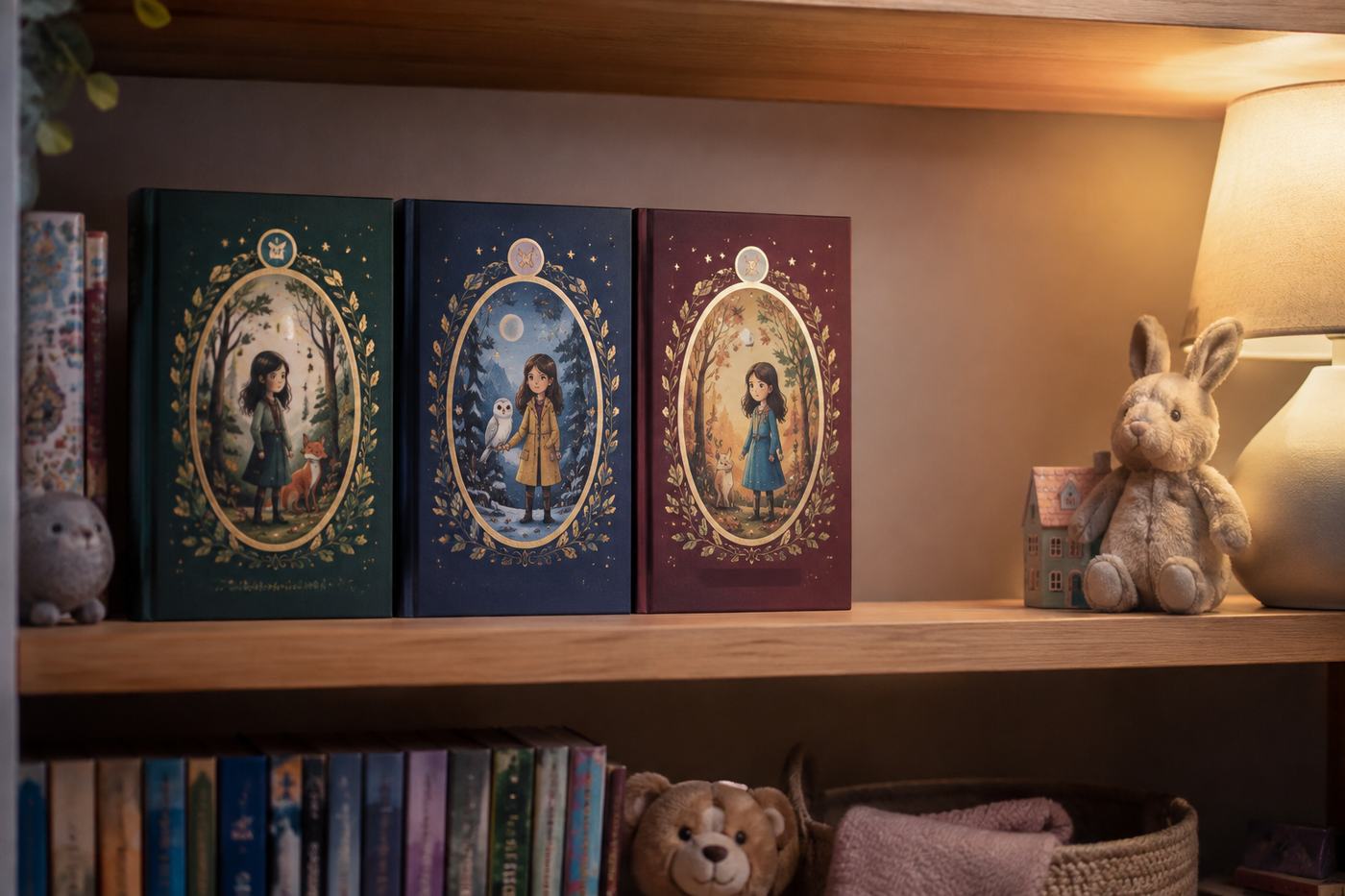 Three matching chapter books in a numbered series standing on a child bookshelf with a fourth gap waiting