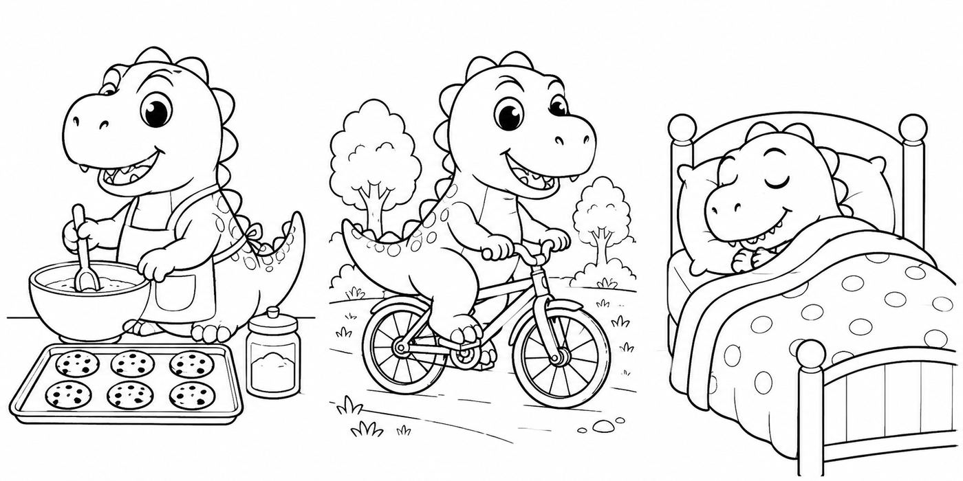 Three black-and-white coloring book pages side by side showing the same friendly T-rex character baking, cycling, and sleeping