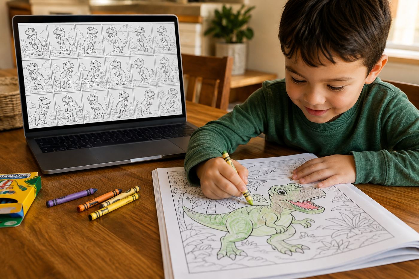 A child coloring a printed dinosaur coloring book page while the AI coloring book generator shows the full 20-page book on a laptop