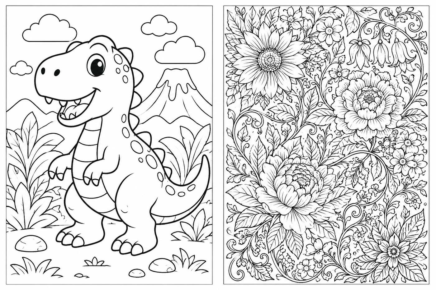 Side-by-side comparison of a bold simple kids dinosaur coloring page and an intricate adult botanical coloring page